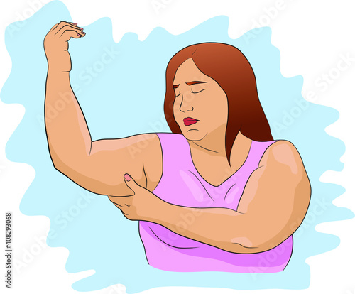 Armpit fat. Woman with obesity is holding her hand