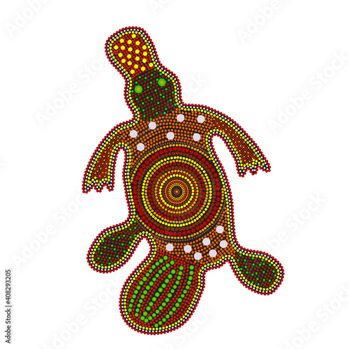 Platypus isolated on white background. Australia aboriginal duck bill dot painting.Aboriginal tribal styled platypus.Decorative ethnic style.Element for flyer, poster, banner, placard, brochure.Vector