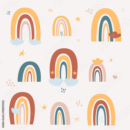 Set of Pastel colors childish Rainbow with cute clouds, raindrops, stars. Illustration isolated on beige background for fabric, design, baby textile, print, wallpaper, posters.
