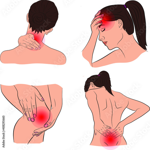 Illustration of painful body areas of a woman