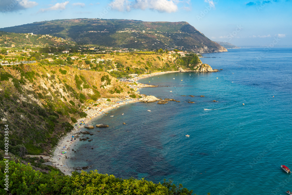 Beautiful panoramic view from Capo Vaticano over Grotticelle beach at sunset, Calabria, Italy