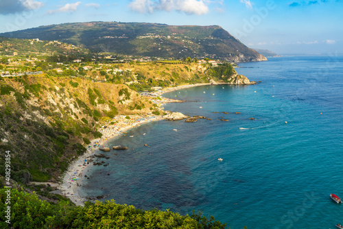 Beautiful panoramic view from Capo Vaticano over Grotticelle beach at sunset  Calabria  Italy