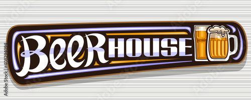 Vector banner for Beer House, dark decorative sign board with illustration of full beer mug with froth and golden highball, unique brush lettering for blue words beer house on grey striped background.