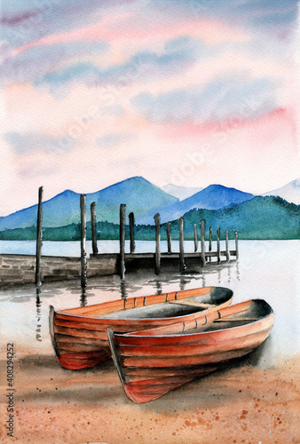 Fototapeta Naklejka Na Ścianę i Meble -  Watercolor illustration of two wooden fishing boats near a pier on the lake with distant mountains on the horizon