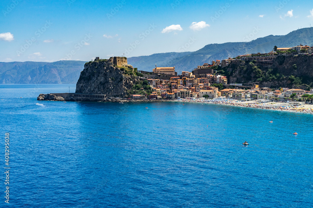 View of Scilla with its famous Castello Ruffo. Scilla is one of the prettiest villages of Calabria, Italy