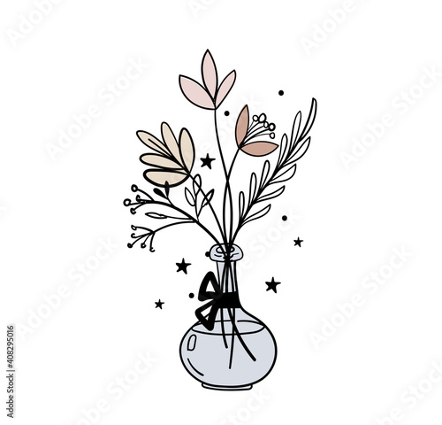 Hand drawn vase with a bouquet of flowers, magic illustration. Bohemian tattoo sketch, icon, esoteric logo. Vector illustration isolated on white background.