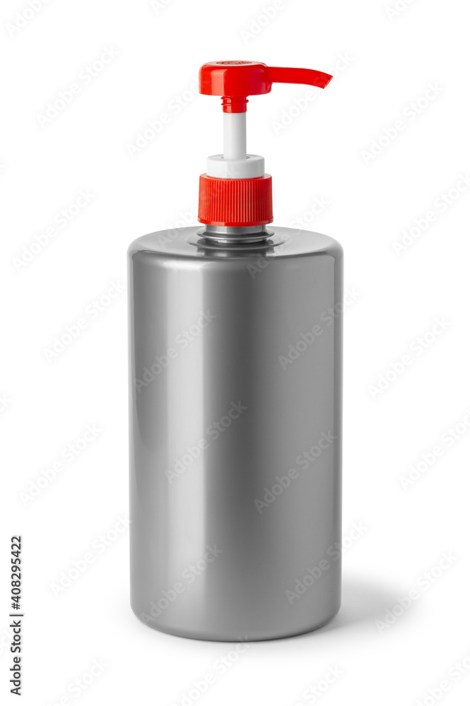 Gray Blank Plastic Bottle with Red Pump Dispenser For Branding. With Clipping Path. Gray Blank Plastic Bottle with Red Pump Dispenser For Branding. With Clipping Path.