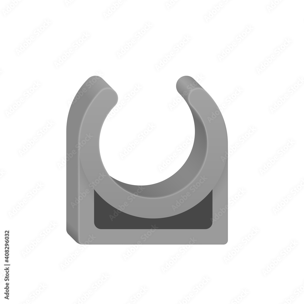 PVC pipe clamp vector icon. Also called clip lock, hanger, U-Hook, support or holder. Plumbing part for laying, installation, hang or fixed pipe in position. Mounting screws on wall, floor or ceiling. PVC pipe clamp vector icon. Also called clip lock, hanger, U-Hook, support or holder. Plumbing part for laying, installation, hang or fixed pipe in position. Mounting screws on wall, floor or ceiling.