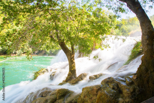 Baum mitten in reißendem Wasserfall photo