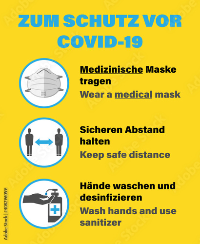 ZUM SCHUTZ VOR COVID-19, German for COVID-19 precautions, sign in German and English language with mask wearing, distance and hand sanitizer icons, vector illustration