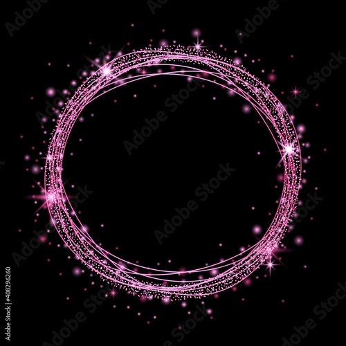 Round pink frame with glitter and sparkles. Vector illustration.