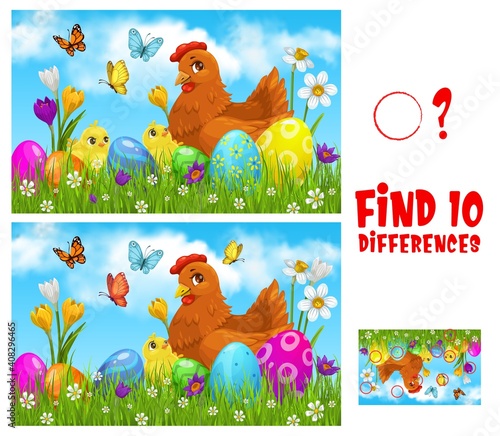Kids game find ten differences with Easter vector cartoon chicken with cute chicks on green spring meadow with decorated eggs, flowers and butterflies. Educational children riddle, leisure activity
