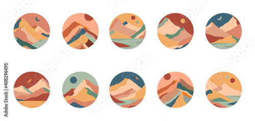 Set of creative abstract mountain landscapes and sand dunes round icons.Social media covers.Trevel blogger templates for stories.Vector illustrations with hand drawn mountains,sea,desert,sky,sun,moon.