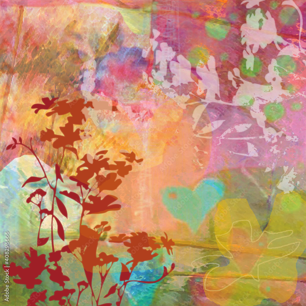 Illustration numérique abstraite, motif naturel fleurs feuillage feuilles florales, oeuvre d'art moderne, couleurs automne