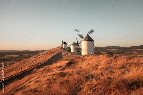 Windmills situed in Castilla la Mancha, Spain, captured during sunrise.