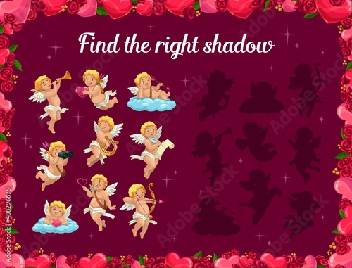 Kids game find right shadow with cartoon cupids for Valentines day holiday. Children logic activity, preschool or kindergarten educational worksheet, shadow match riddle for logical mind development