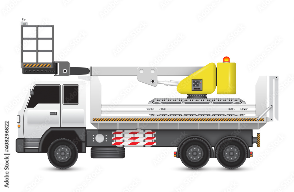 Boomlift_truckStraight telescopic boom lift or cherry picker vector design. Aerial work platform, elevator or construction machine equipment for worker working at height level. To delivery transportat