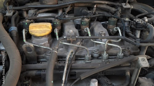 Dirty car engine room.Diesel car machine
