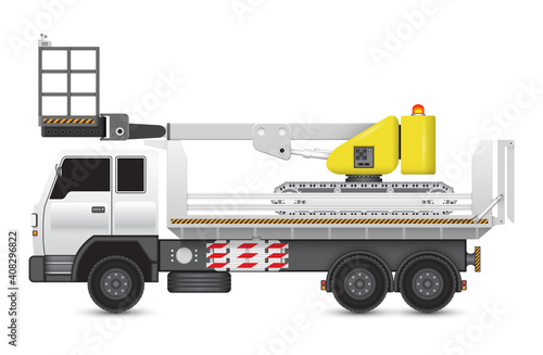 Boomlift_truckStraight telescopic boom lift or cherry picker vector design. Aerial work platform, elevator or construction machine equipment for worker working at height level. To delivery transportat