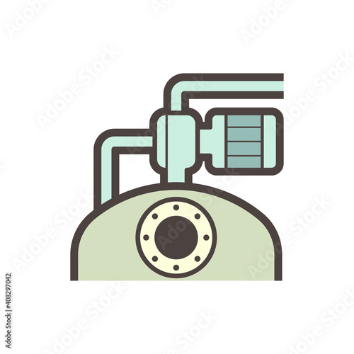 Stainless steel liquid storage tank or vessel manufacturer and electric pump vector icon. Use in factory plant for food ,chemical , pharmaceutical, dairy product and beverage production industry.