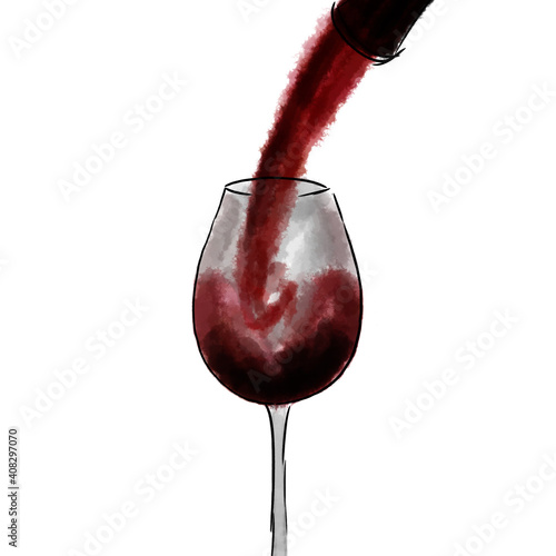 Illustration - a glass of wine. Contemporary art, wine in a glass. Red wine is poured from a bottle into a glass. Vector.