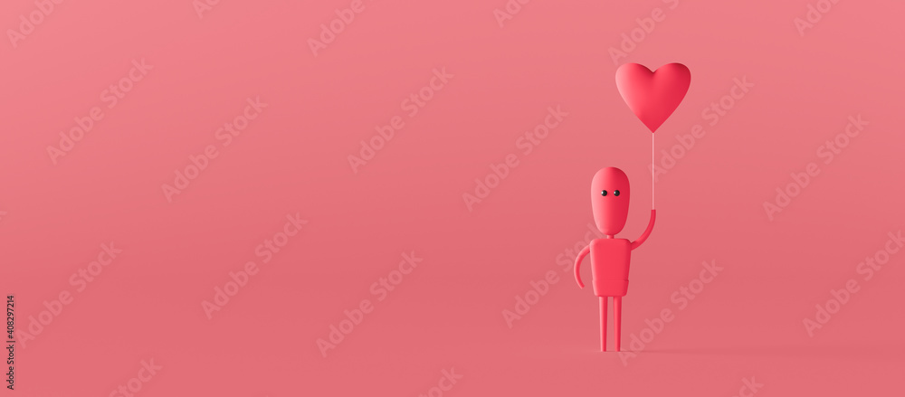 Funny 3d character with heart shaped balloon in his hand. Valentine's day concept on pink background 3d render 3d illustration