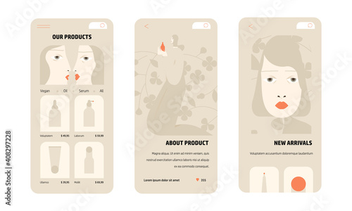 Online cosmetics store. Mobile application template. UI, UX, GUI design elements.