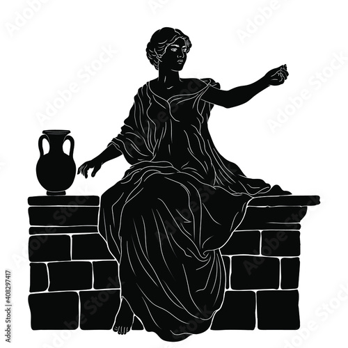 A young slender woman in an ancient Greek tunic sits on a stone parapet next to a jug of wine and gestures. Figure isolated on white background.