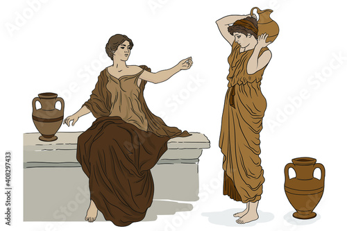 Two ancient Greek women in tunics with clay jugs are talking to each other.
