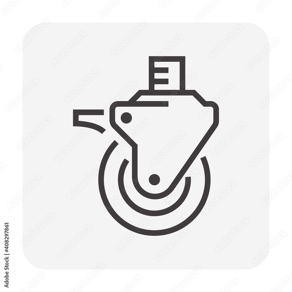 *DES*
Scaffold caster wheel vector icon. Anti skid swivel type. Item is a construction equipment and component of scaffold. Consist of rubber wheel, brake and adjustable screw. For rolling to move sca *DES*
Scaffold caster wheel vector icon. Anti skid swivel type. Item is a construction equipment and component of scaffold. Consist of rubber wheel, brake and adjustable screw. For rolling to move sca