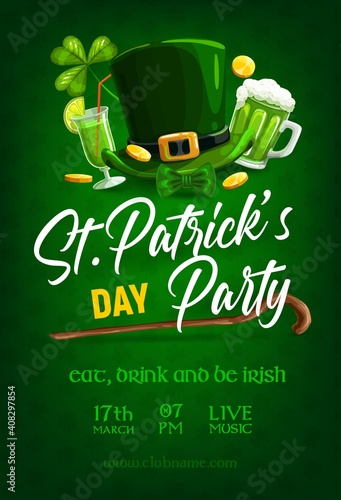 St Patrick day party poster, vector green shamrock clover leaf pattern background. Irish traditional green ale beer pint mug, leprechaun hat and gold coins, Saint Patrick wood stick and party cocktail