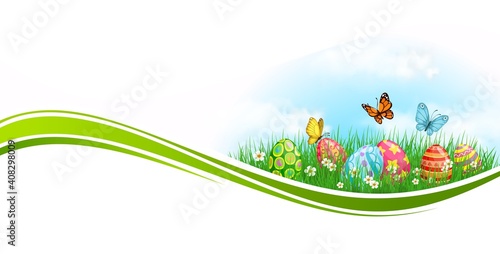 Easter eggs and grass, green wave vector design. Easter egg hunt spring field, flowers, painted gifts and flying butterflies, religion holiday greeting card