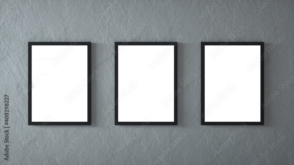 Gallery interior with three empty frames on wall. 3d rendering