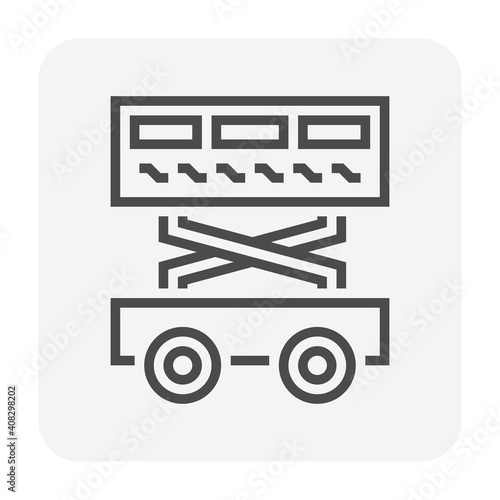 Scissor lift vector icon. Elevating work platform or elevator. Vertical move by scissor mechanism, hydraulic, bucket, folding support. For transport, maintenance, construction, service at height level