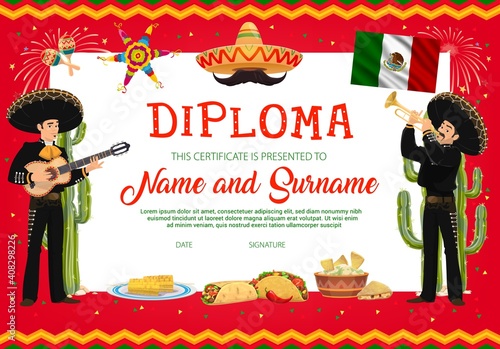 School education diploma vector template with cartoon cinco de mayo mariachi mexican musicians in sombrero playing guitar and trumpet, tacos, pinata with maracas and flag. School certificate or frame