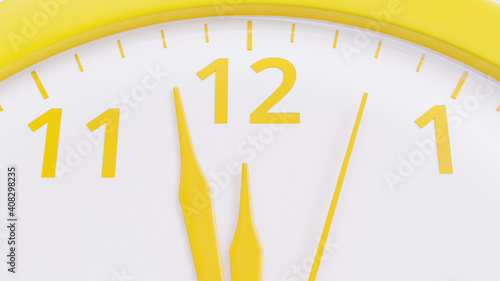 Yellow Clock close-up. Almost noon time. Minimal idea concept, 3D Render.