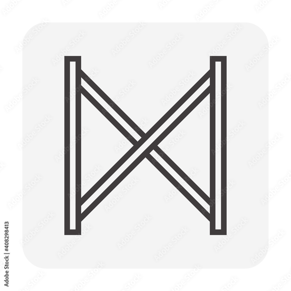 Scaffolding frame and cross brace vector icon. Item is a construction equipment and component of ringlock scaffolding system. Use as temporary working platform or structure for building construction. Scaffolding frame and cross brace vector icon. Item is a construction equipment and component of ringlock scaffolding system. Use as temporary working platform or structure for building construction.