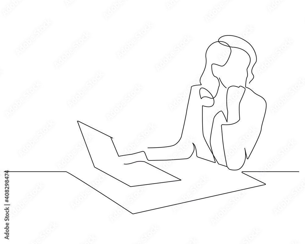 Continuous One Line Drawing of Woman with Laptop. Woman One Line Illustration. Female Line Abstract Portrait. Minimalist Contour Drawing. Vector EPS 10 Continuous One Line Drawing of Woman with Laptop. Woman One Line Illustration. Female Line Abstract Portrait. Minimalist Contour Drawing. Vector EPS 10