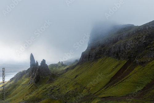 Dramatic view of tourist landmark The Old Man of Storr on The Isle of Skye, Scotland, UK.