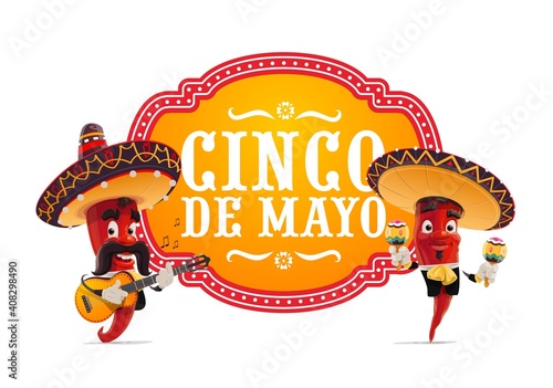 Cinco de Mayo vector icon. Mariachi jalapenos musicians in mexican sombrero playing guitar and maracas. Cartoon characters play music. Cinco de Mayo celebration isolated label with red chili peppers