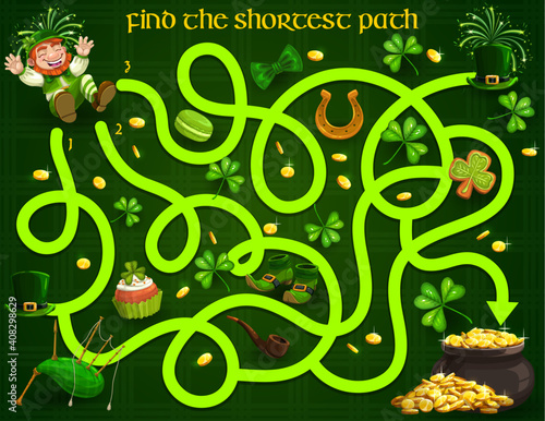 Kids maze game with st Patricks day leprechauns, gold, clover and sweets. Vector labyrinth puzzle find shortest path, family board game. Task with tangled way, educational children preschool riddle