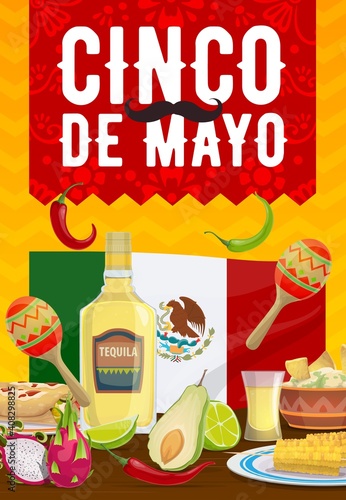 Cinco de Mayo vector poster, traditional mexican food enchiladas, nachos with guacamole, corn. Tequila, lime, chili and dragon fruit with avocado, flag. Cartoon Mexican meals, fiesta party celebration