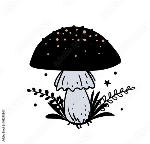 Amanita, magic black mushroom with plant branches, boho hand drawn illustration, magic witch tattoo. Vector doodle illustration isolated on white background.