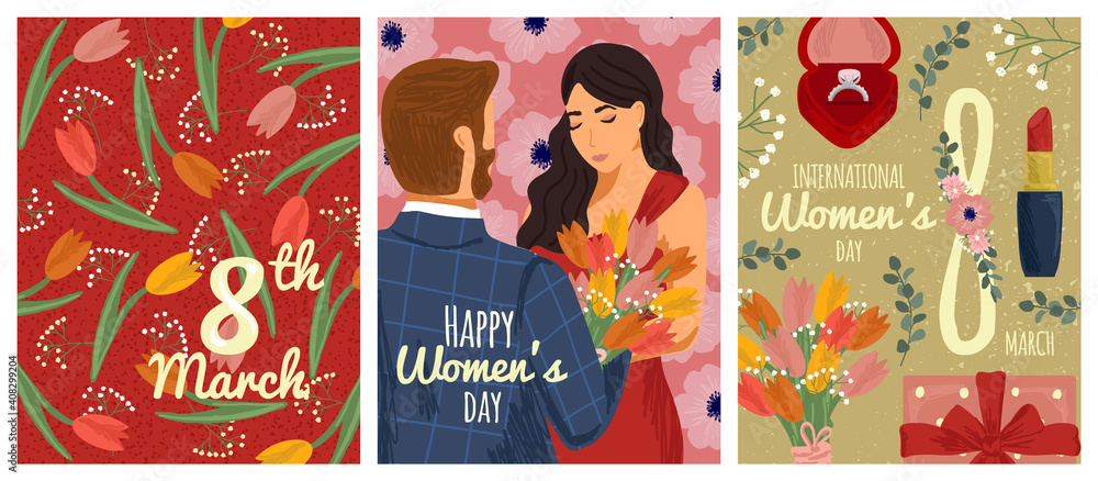 International women day posters and cards, vector illustration set. Man gives flowers bouquet to woman. 8 March holiday banner with tulip flower pattern background. Happy women day design