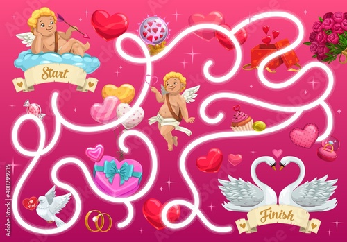 Kids maze game with Valentines day cupids and festive items. Vector labyrinth puzzle find correct way board game. Task with tangled path and angels. Educational children riddle, preschool activity