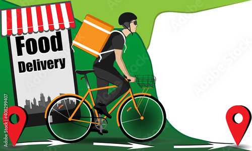 Online delivery service, delivery home and office. Bicycle courier with parcel box. Shipping. Man on the bicycle. Vector illustration Express delivery service. Ecological fast delivery