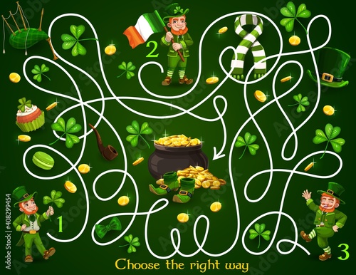 Kids maze game with st Patricks day leprechauns and festive items. Vector labyrinth puzzle choose correct way board game. Task with tangled path, clover or gold. Educational children preschool riddle