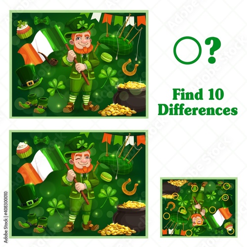 Kids game find ten differences. Vector cartoon St Patricks day Leprechaun character with flag and festive attributes pot with gold, lucky clover, sweets. Educational children riddle, leisure activity