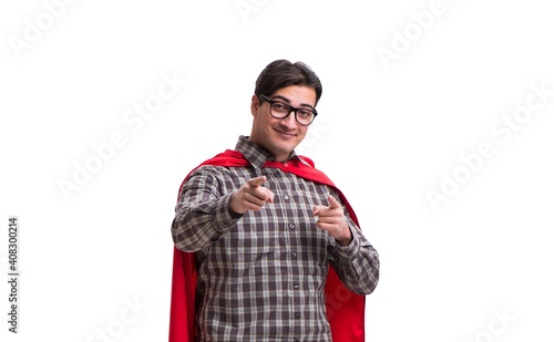 Super hero wearing red cover on white