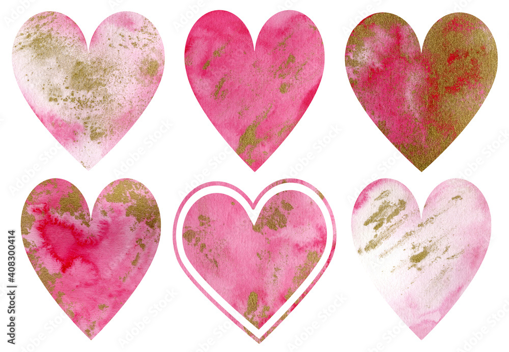 Watercolor pink hearts with golden spots. Valentine's Day beautiful decoration.